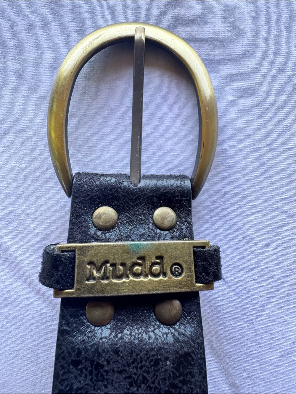 Mudd Black Studded Leather Belt Brass Oval Buckle Y2K Boho Punk